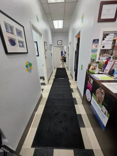 Hallway leading to the exam rooms and treatment area, decorated with paw-print wall art and pet photos