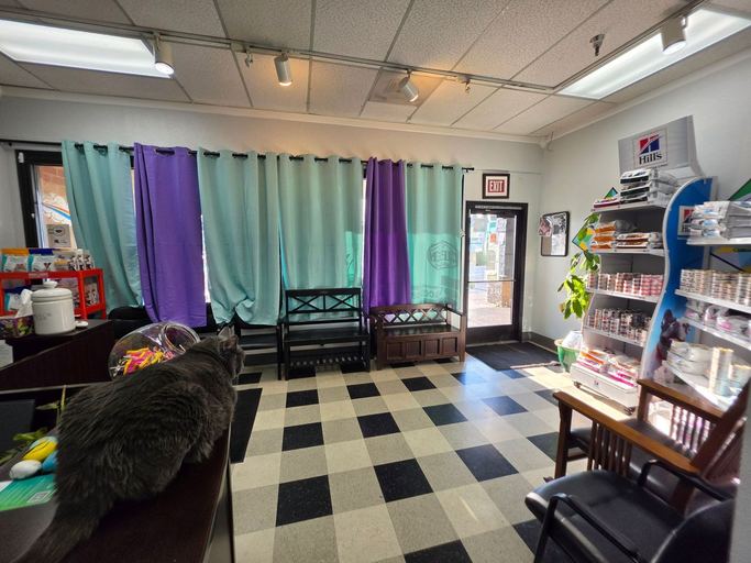 Waiting room at Liberty Animal Hospital with wooden benches, teal and purple curtains, and a Hill's pet food display