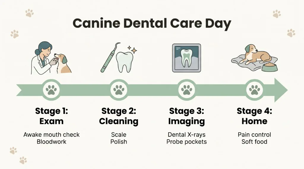 Four stages of a canine dental care visit from exam to home care