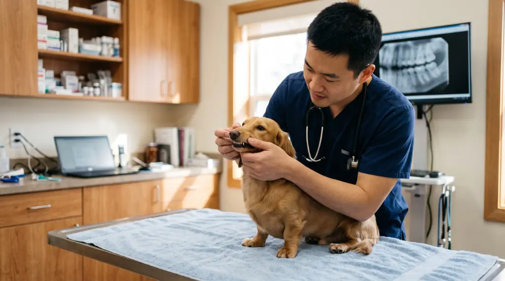 Veterinarian checking a small dog's teeth during canine dental care in Salem