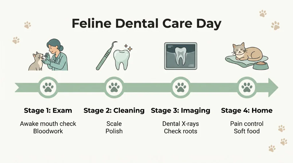 Four stages of a feline dental care visit from exam to home care