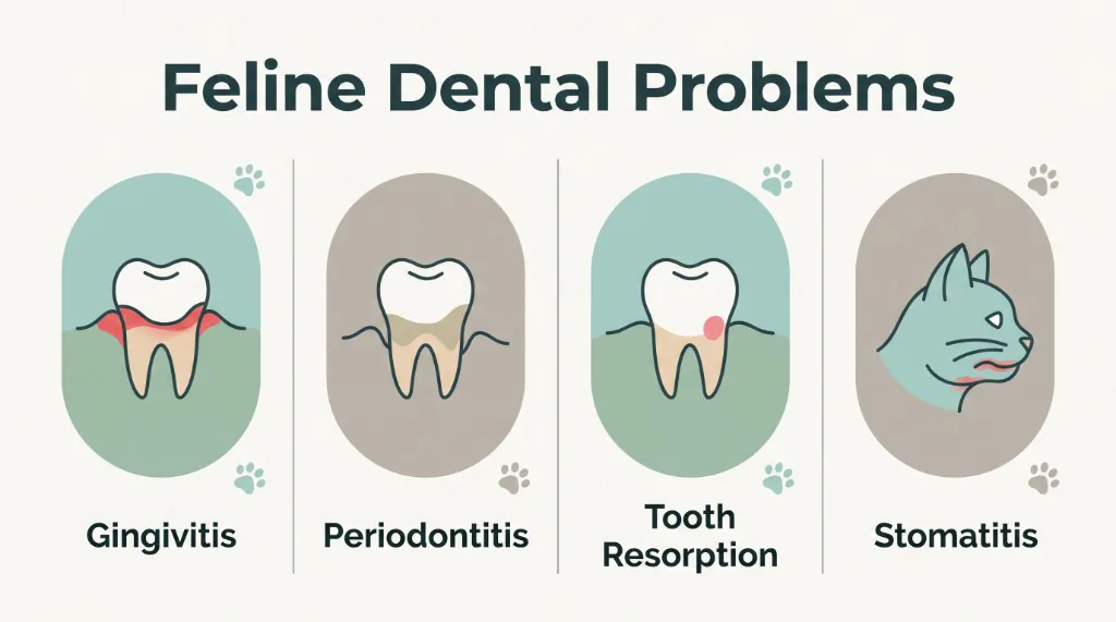 Four problems feline dental care treats, including gingivitis and tooth resorption