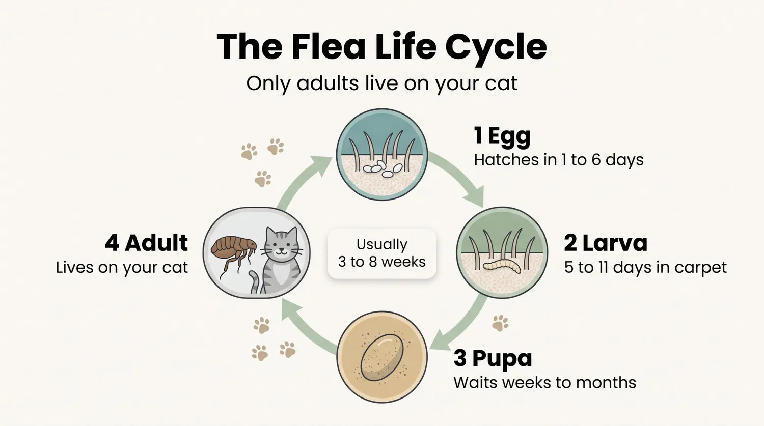 Flea life cycle diagram showing why flea treatment for cats must reach eggs, larvae, and pupae at home