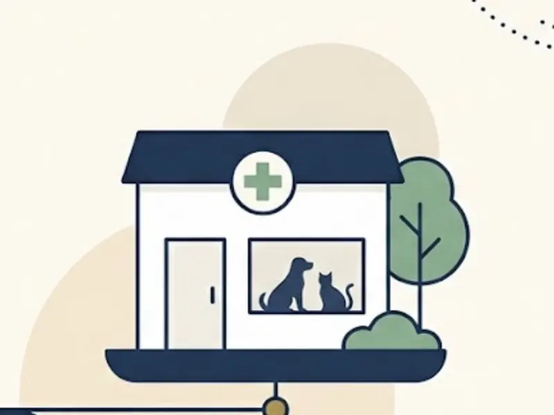 Flat illustration of a veterinary clinic with a dog and cat in the window